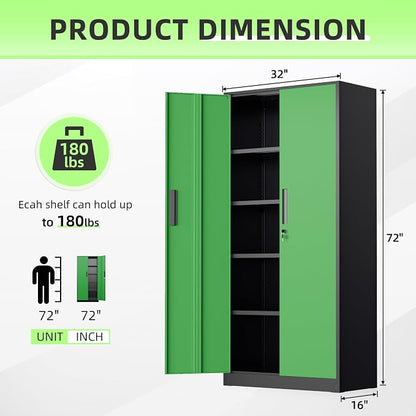 INTERGREAT Metal Storage Cabinet, 72" Locking Steel Cabinets with 2 Door and 4 Adjustable Shelves, Tall Metal Cabinet for Home Office, Garage, Warehouse,(Black+Green)