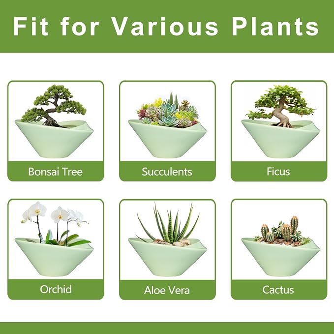 Ceramic Bonsai Pots - Large Succulent Planter 13 Inch Plant Pot Indoor Succulent Pot with Drainage Hole Outdoor Planter Bonsai Tree Pot for House Home Garden Office Decor Green