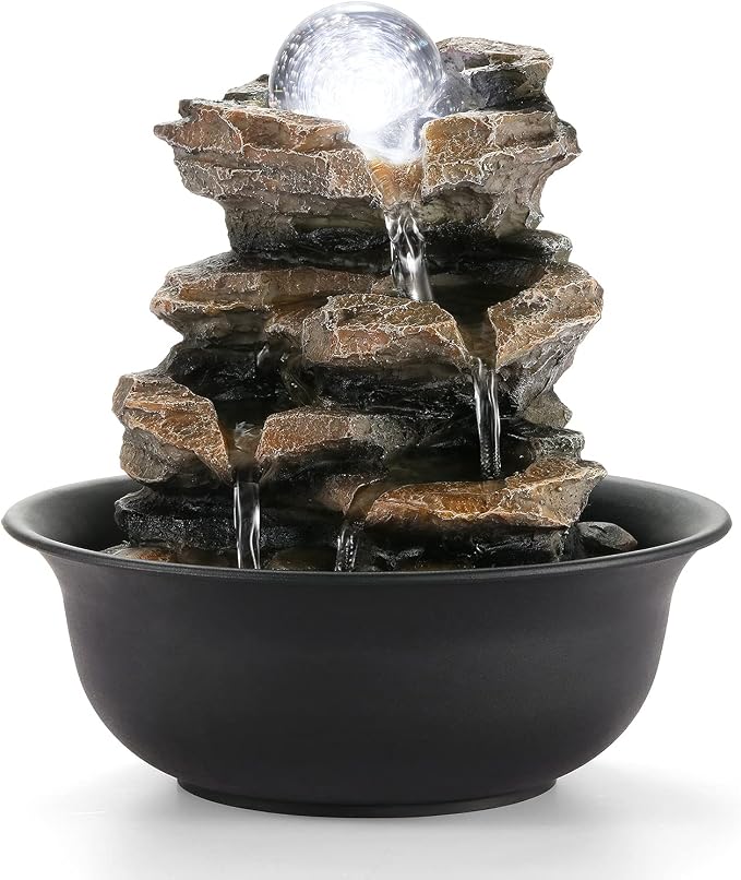 WICHEMI Indoor Water Fountain Tabletop Fountain Stacked Rock with LED Light | Relaxing Water Feature, Meditation Fountain, Soothing Sound, Stress Relief, For Home Office Bedroom Decor, 7.8"x7.8"x7.9"