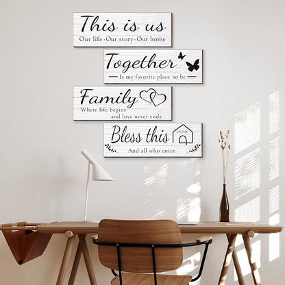 4 Pieces Wooden Home Wall Art Decor, Rustic, Farmhouse THIS IS US/TOGETHER/BLESS THIS HOME/FAMILY Decor Signs For Living Room Bedroom, 4.7 x 13.8 Inch(White)