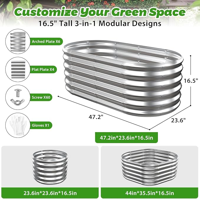17" Tall Oval-Shaped / Elliptic Metal Raised Garden Bed Outdoor Silver | 48X24X17 Inch,1.5 FT Tall,0.8MM Thick Galvanized Metal,for Variety of Flowers,Herbs,Vegetables.with Gloves,Tool free