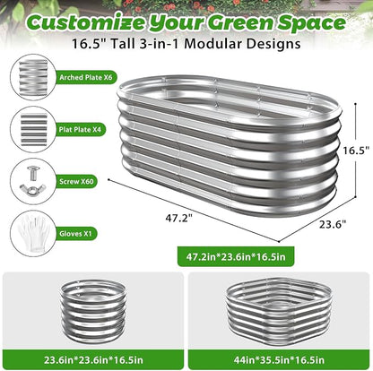 17" Tall Oval-Shaped / Elliptic Metal Raised Garden Bed Outdoor Silver | 48X24X17 Inch,1.5 FT Tall,0.8MM Thick Galvanized Metal,for Variety of Flowers,Herbs,Vegetables.with Gloves,Tool free