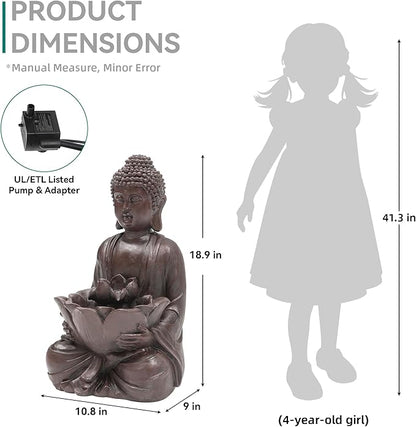 Zen Buddha Water Fountain Outdoor, 19" H Handcrafted Buddha Statue Water Feature with Soothing Waterfalls & Lights, Peaceful Oasis for Garden Patio Yard Deck Living Room Floor Tabletop Decor | Zen Lotus Water Feature with Soothing Cascading Waterfall f...