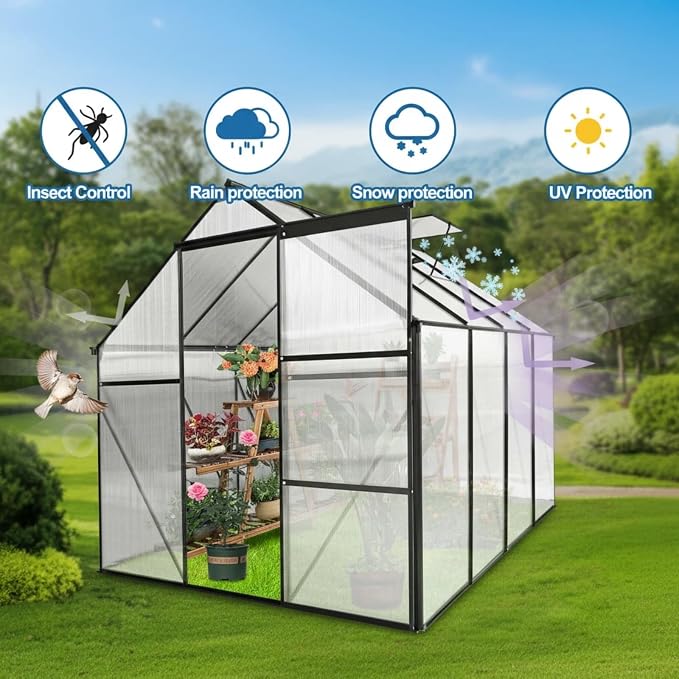 6x8 FT Greenhouse, Walk-in Polycarbonate Greenhouses with Sliding Doors, Aluminum Frame, Adjustable Roof Vent, Raised Base & Anchor, Outdoor Backyard Greenhouse for All Seasons, Black