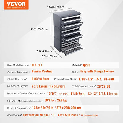 VEVOR Drill Bit Dispenser Cabinet Set, Three-Drawer for 1/16" to 1/2" & Letter Sizes A to Z, Five-Drawer Drill Bit Organizer for Wire Gauge Sizes #1 to #60, 3 Pieces