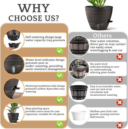 ZMTECH 10 Inch Self Watering Pots for Indoor/Outdoor Plants, 4 Pack Bronze Large Plastic Planter with Water Level Indicator, Drainage Hole & Removable Saucer for Garden Flowers, Deco Plant Container