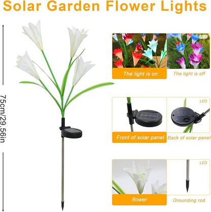 Garden 4 Pack LED Solar Flower Lights with More Realistic Lily Flowers Solar Garden Lights Outdoor Waterproof for Yard Patio Lawn Pathway Walkway Decoration 4-Pack Yellow & Pink & Blue & White Combo