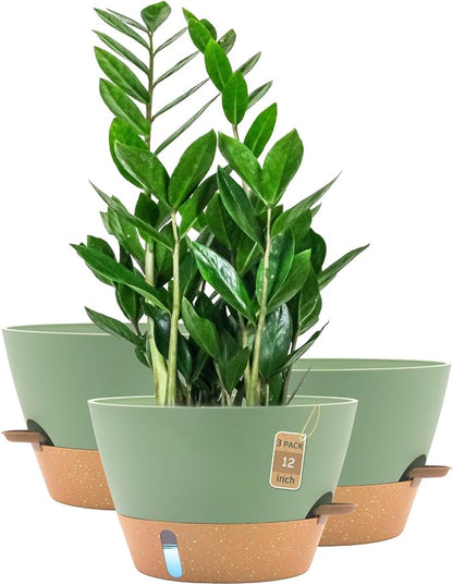 12 Inch Self Watering Pot with Visual Water Window, Drainage Holes & Watering Lip, Set of 3 Large Plastic Planters for Indoor Outdoor Plants, Modern Decorative Flower Pot (Green)