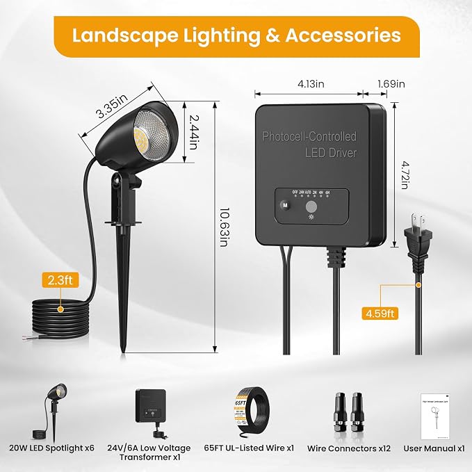 Low Voltage Landscape Lighting Kit, 20W 2700K LED Landscape Lights with Transformer 65FT Wire & Connectors, IP66 Waterproof Pathway Lights Outdoor Spotlight for Garden Yard Patio (6 Pack)