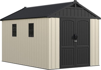 Greesum 8x12FT Plastic Outdoor Storage Shed with Floor, Resin Sheds with Window and Lockable Door, Easy Assembly, HDPE Kick-it Shed for Garden, Lawn, Backyard, Beige