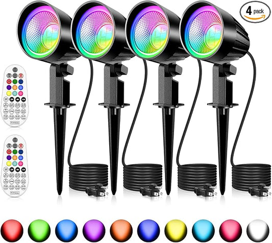 MEIKEE 15W RGB Landscape Lights 120V Outdoor Spotlights with Remote | IP66 Waterproof Color Changing Outdoor Landscape Lighting with 4.9ft Cord for Garden Path Yard Tree Patio Decor 4 Pack