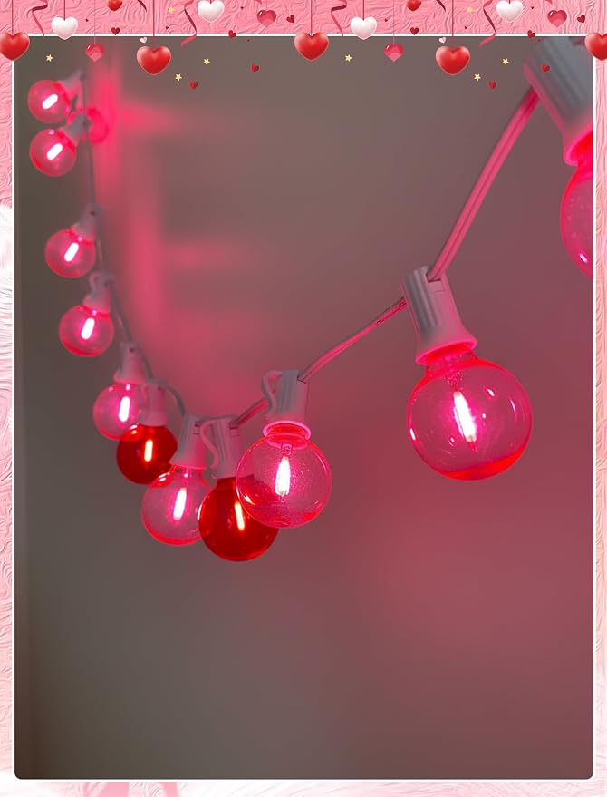 LED Valentine’s Day String Lights, 50Ft Valentines Decorations Outdoor | 25+2 G40 Round Bulbs, Connectable, Shatterproof Hanging Indoor Fairy Lights for Wedding Date Patio, Clear Red Pink