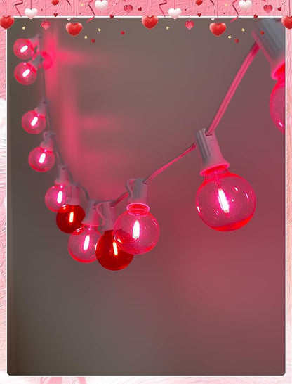 LED Valentine’s Day String Lights, 50Ft Valentines Decorations Outdoor | 25+2 G40 Round Bulbs, Connectable, Shatterproof Hanging Indoor Fairy Lights for Wedding Date Patio, Clear Red Pink