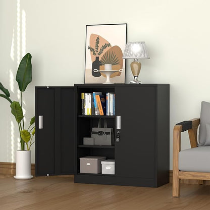 Metal Storage Cabinet with Locking Doors and 2 Adjustable Shelves, Small Lockable Steel Storage Cabinets for Home Office Garage Kitchen Pantry (Black)