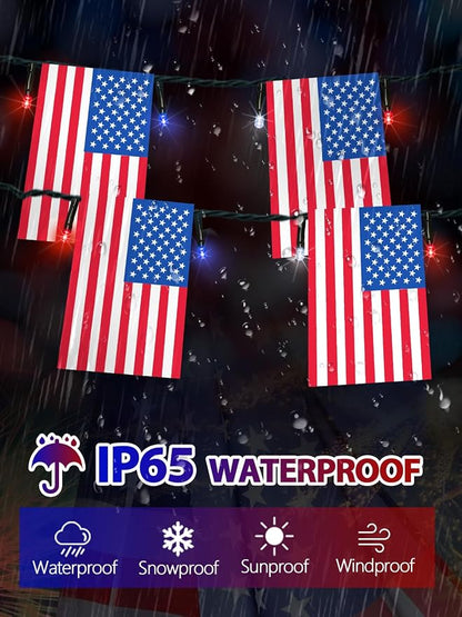 4th of July Decorations 2 Pack 100 LED Solar American Flag Lights Outdoor | 50 USA Flags, 8 Modes, Memory Function, Auto On/Off, 37.6FT Waterproof String Lights for 250th Anniversary Patriotic Decor