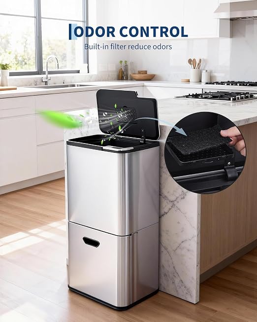 GarveeHome 16 Gallon Dual Trash Can for Kitchen, 2 Compartment Stainless Steel Garbage Can, 33L+28L Kitchen Recycling Bin with Compost Caddy, Removable Inner Bucket & Odor Control, Silver