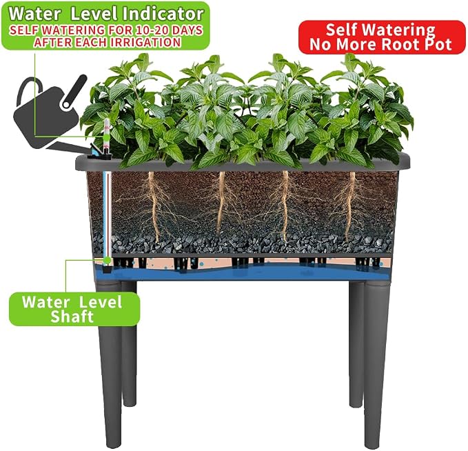 4 Pcs Self Watering Elevated Raised Garden Bed, Large Outdoor Plastic Planter Box Big Flower Plant Pot for Planting Flowers Vegetables and Herbs (4, Dark Grey)