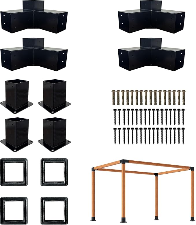 Pergola Kit with 3-Way Brackets for 4"x 4" (Actual 3.6" X 3.6") Lumber, Heavy Duty Iron Pergola Bracket Suitable for Pergolas, Gazebos Includes Metal Base, Screws