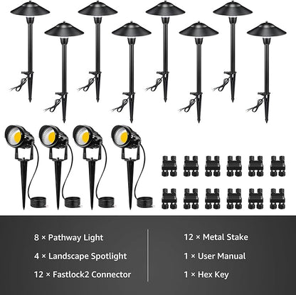 SUNVIE LED Low Voltage Landscape Lighting 12V Landscape Lighting Kit with Connectors, Low Voltage Pathway Lights with Spotlights Aluminum Pathway Lights Wired Waterproof for Patio Yard Garden, 12 Pack