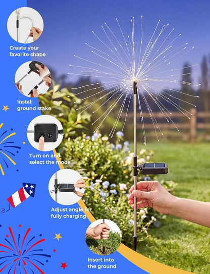 Red White Blue Solar Lights Outdoor, 4th of July Decorations, 2 Pack 150LED Solar Firework Patriotic Decor, Fourth of July Fairy Lights with 8 Modes for Yard Garden Pathway Patio Independence Day