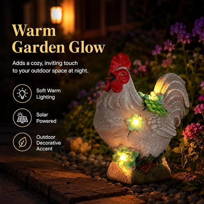 mocosa Solar Garden Statues Gray Rooster and LED Lights Birthday Gifts for Women Mom Grandma Solar Outdoor Cat Decor for Outside,Outdoor Solar Lights for Yard, Garden and Patio, Unique Gift for Women