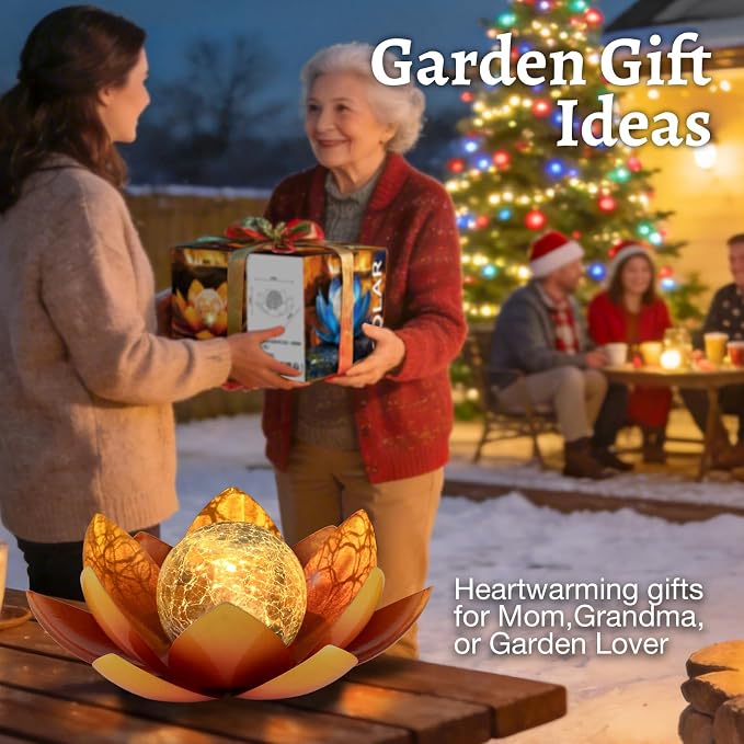 Huaxu Solar Lights Outdoor Garden Decoration Crackle Globe Glass Waterproof LED Metal Orange Lotus Flowers Gift for Mom,Women,Patio,Lawn,Walkway,Tabletop,Ground