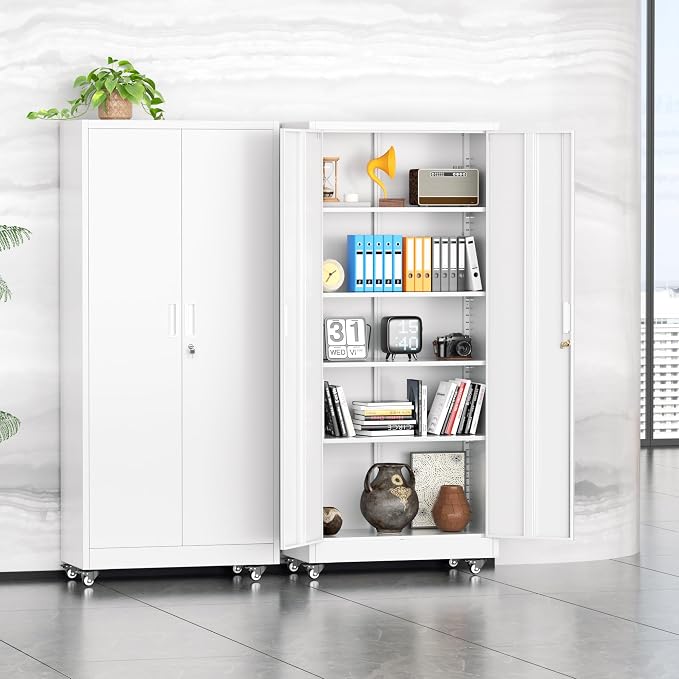 INTERGREAT Metal Garage Storage Cabinet with Wheels, Rolling Storage Cabinet with Locking Doors and 4 Adjustable Shelves,- 73" Steel Tool Cabinet for Home Office,Garage,Warehouse，White