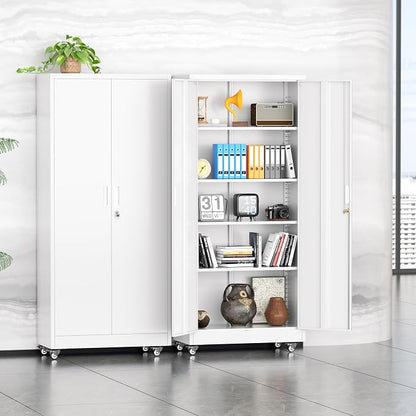 INTERGREAT Metal Garage Storage Cabinet with Wheels, Rolling Storage Cabinet with Locking Doors and 4 Adjustable Shelves,- 73" Steel Tool Cabinet for Home Office,Garage,Warehouse，White