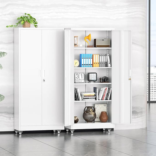 INTERGREAT Metal Garage Storage Cabinet with Wheels, Rolling Storage Cabinet with Locking Doors and 4 Adjustable Shelves,- 73" Steel Tool Cabinet for Home Office,Garage,Warehouse，White