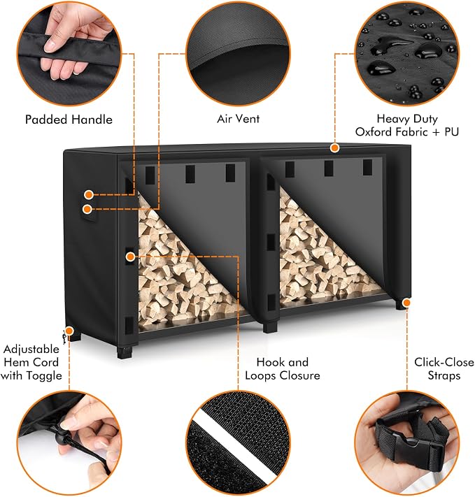 WLEAFJ 8 foot Outdoor Firewood Rack Cover Waterproof, Log Rack Cover, Wood Cover for Log Holder, 96" W x 24" D x 41" H, Black