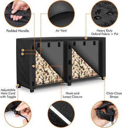 WLEAFJ 8 foot Outdoor Firewood Rack Cover Waterproof, Log Rack Cover, Wood Cover for Log Holder, 96" W x 24" D x 41" H, Black