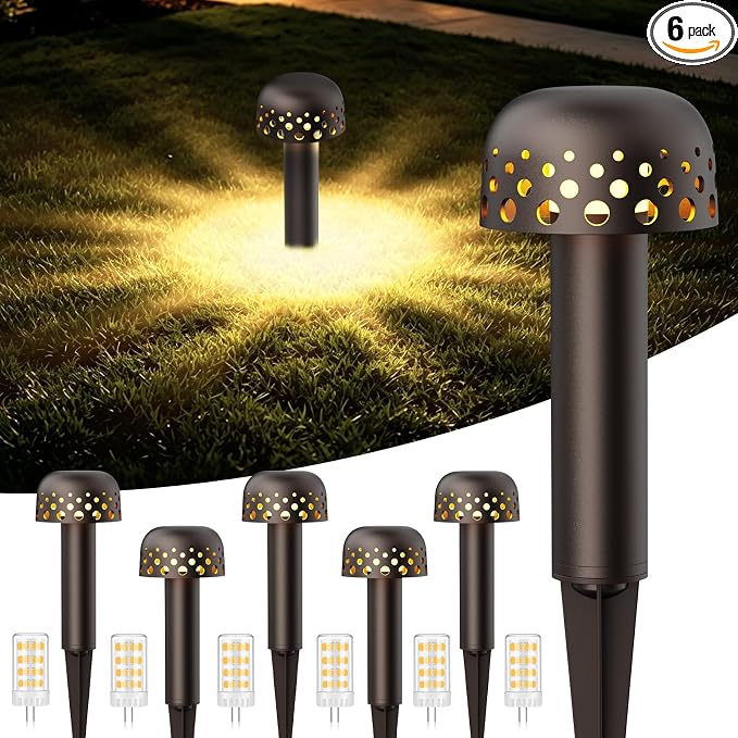 Gardencoin Low Voltage Landscape Pathway Lights, 12V Outdoor Mushroom Decorative Lights, Unique Aluminum Path Lighting with 4W 2700K Replaceable Bulb for Walkway Garden Yard, 6 Pack