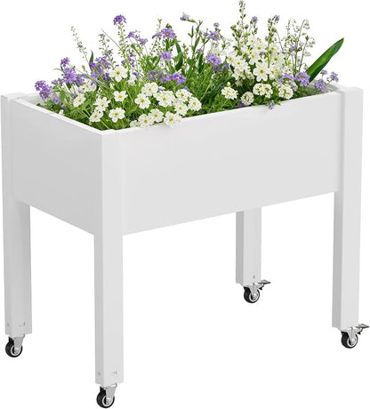 Elevated Raised Garden Bed with Wheels,Planter Box,Ashen-26.3" h | Resin Planter Box with Drainage Holes, Water Monitor, Wheels for Garden Patio Backyard