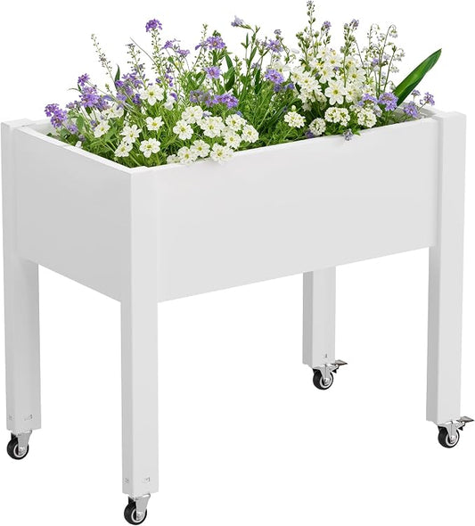 Elevated Raised Garden Bed with Wheels,Planter Box,Ashen-26.3" h | Resin Planter Box with Drainage Holes, Water Monitor, Wheels for Garden Patio Backyard