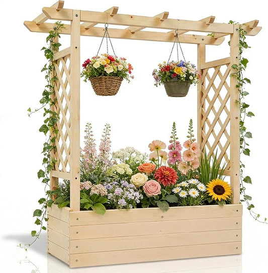 Vasitelan Raised Garden Bed with Trellis, Wooden Elevated Planter Box w/Drainage Holes & Removable Bottom Panels for Climbing Vine Flower, Indoor Outdoor Wood Planter for Yard Patio (Natural)