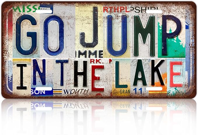 Vintage Wall Decor Go Jump In The Lake License Plate | Lakehouse Metal Sign Tin Signs