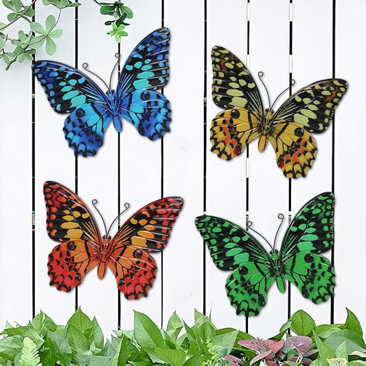 dreamskip 4 Pcs Butterfly Wall Decor Art, Butterflies Outdoor Metal Wall Art with Vivid Pattern, Hand Painted Outdoor Garden Yard Fence Patio Decor Gift for Women Mom