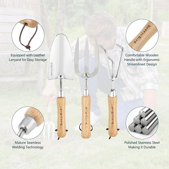 Berry&Bird Garden Tool Set 3 Pieces Stainless Steel Heavy Duty Garden Sets | Gardening Kit Include Hand Trowel Hand Cultivator & Hand Fork with Wood Handle for Weeding Transplanting Digging Garden Gifts