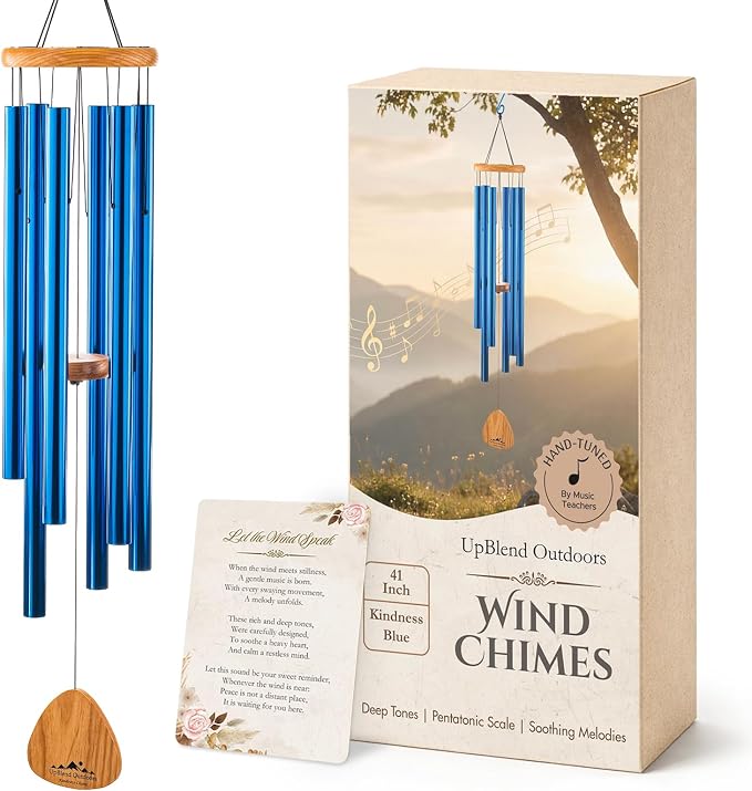 Blue Wind Chimes for Outside Deep Tone, 41 Inch Hand Tuned B Major Pentatonic Alto Wind Chime with Decorative Kindness Stone, Outdoor Garden Patio Porch Decor, Meaningful Sympathy Memorial Gift
