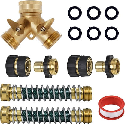 VANCOCO Garden Hose Coiled Spring Protectors, 3/4" Heavy Duty Brass Hose Splitter 2 Way with Hose Spring Protector for Garden Hose (Extra Quick Connect)
