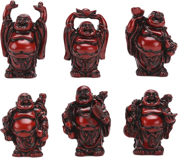 6Pcs 2in Red Resin Laughing Buddha Figurines, Tabletop Lucky Decor | Maitreya Buddha Statue, Flower Pot Statue, Home Office Desk Decor, Fengshui Collection Gift Ornaments