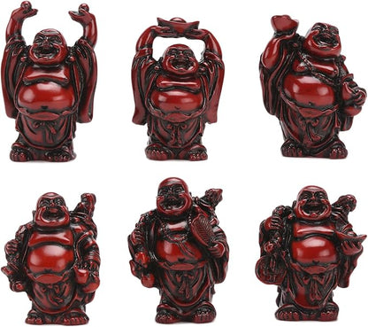 6Pcs 2in Red Resin Laughing Buddha Figurines, Tabletop Lucky Decor | Maitreya Buddha Statue, Flower Pot Statue, Home Office Desk Decor, Fengshui Collection Gift Ornaments