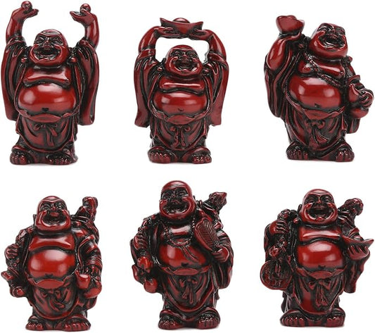 6Pcs 2in Red Resin Laughing Buddha Figurines, Tabletop Lucky Decor | Maitreya Buddha Statue, Flower Pot Statue, Home Office Desk Decor, Fengshui Collection Gift Ornaments