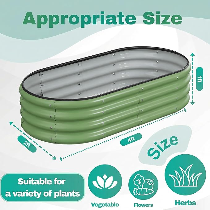 2PCS 4x2x1 FT Oval Metal Raised Garden Bed Kit, Open Bottom Design Elevated Garden Planter Box Outdoor, Trough Planter for Outdoor Plants, Flower, Vegetables, Fruit, Herbs (Green)