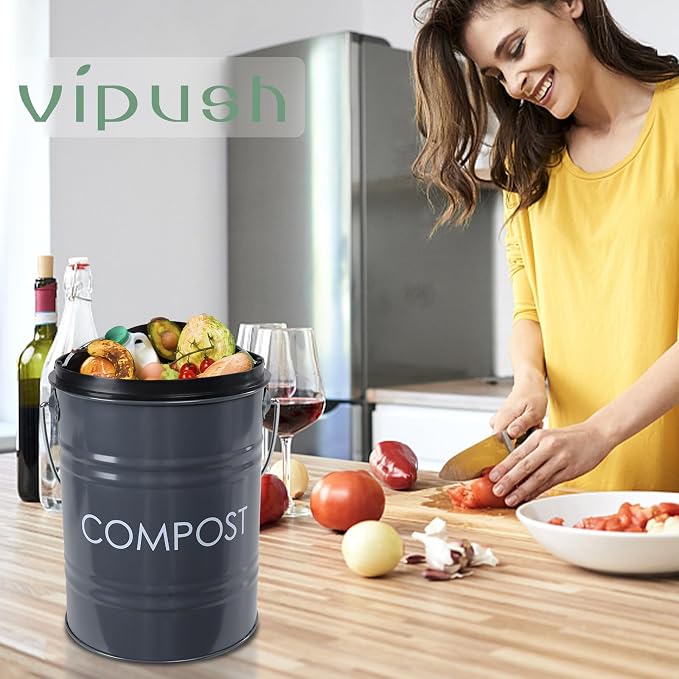 Vipush Compost Bin Kitchen Countertop Composter with lid – Small Compost ContainerI Includes Inner Compost Bucket Liner & Charcoal Filter, Grey