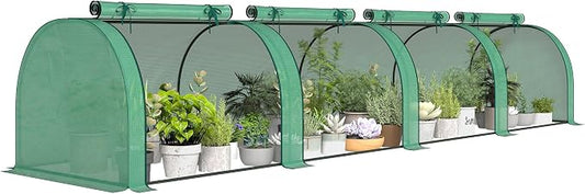 Outsunny Mini Greenhouse, 177.2" x 39.4" x 31.5" Portable Greenhouse with 4 Roll-Up Doors, PE Cover, Small Green House for Indoor Outdoor, Green