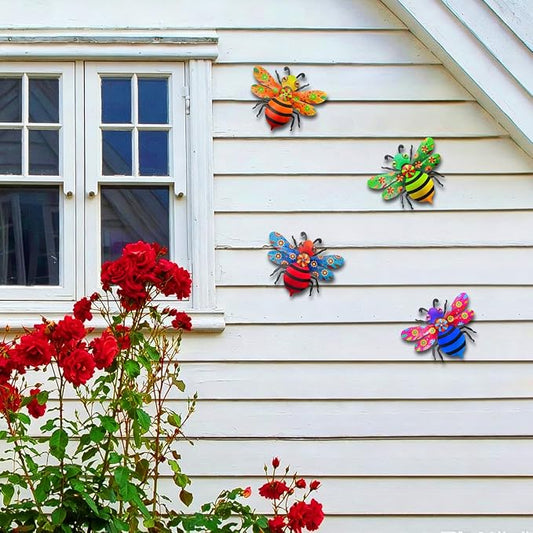 VOKPROOF Metal Bee Wall Art Decor, Outdoor Fence Decor for Patio Yard Garden, Hanging Decorations for Living Room, Bedroom(4 Pack)
