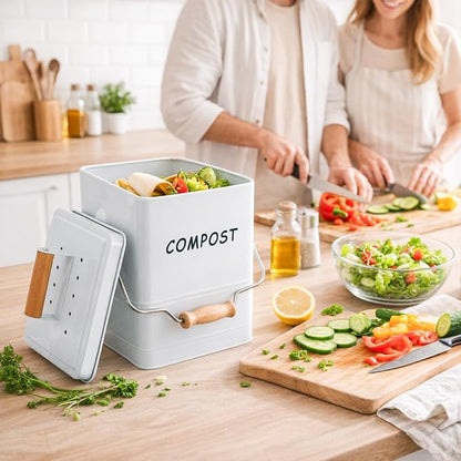 Tlence 1.7 Gallon Kitchen Compost Bin, Countertop Food Waste Pail with Handles, Odorless Composting Bucket with Carbon Filters, Indoor Small Food Scrap Composter for Trash Waste, White