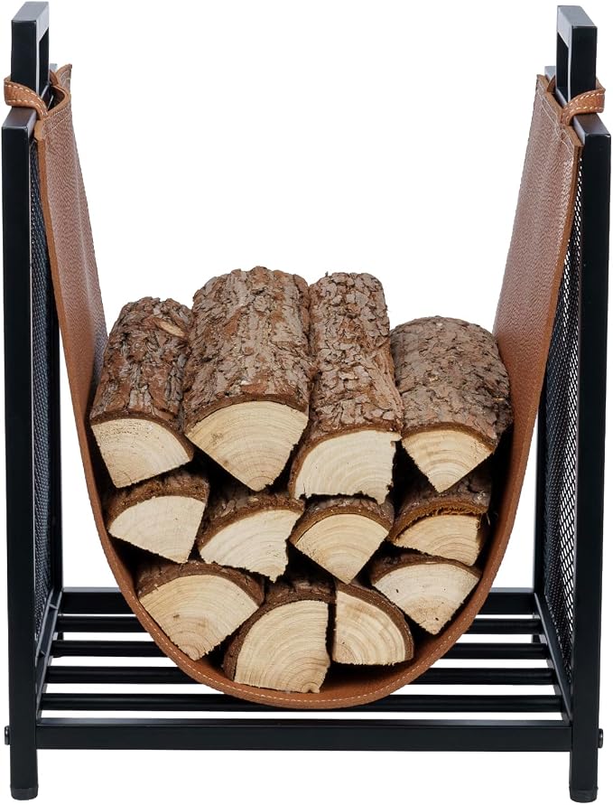 MyGift Modern Black Metal Firewood Stand Log Holder with Brown Leatherette Wood Sling, Wire Mesh Design and Top Carrying Handles, Compact Kindling Storage Rack