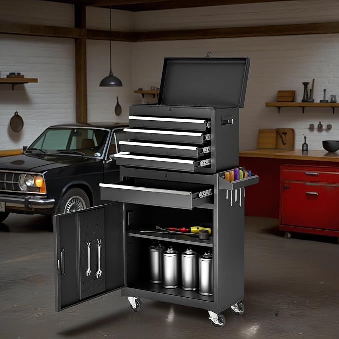 Tool Chest, 5-Drawers Rolling Tool Storage Cabinet with Lockable Wheels, Detachable Top, Adjustable Shelf & Locking Mechanism, Multifunctional Tool Cart for Garage Warehouse, Black